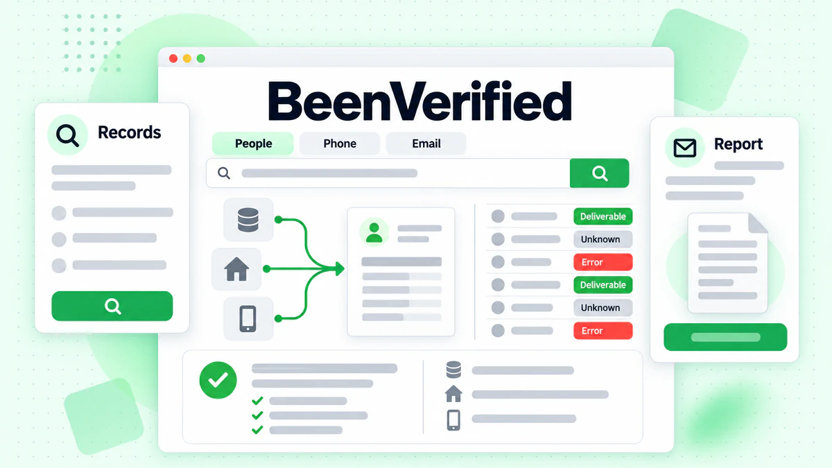 BeenVerified dashboard linking people searches, public records, reports, and email status checks