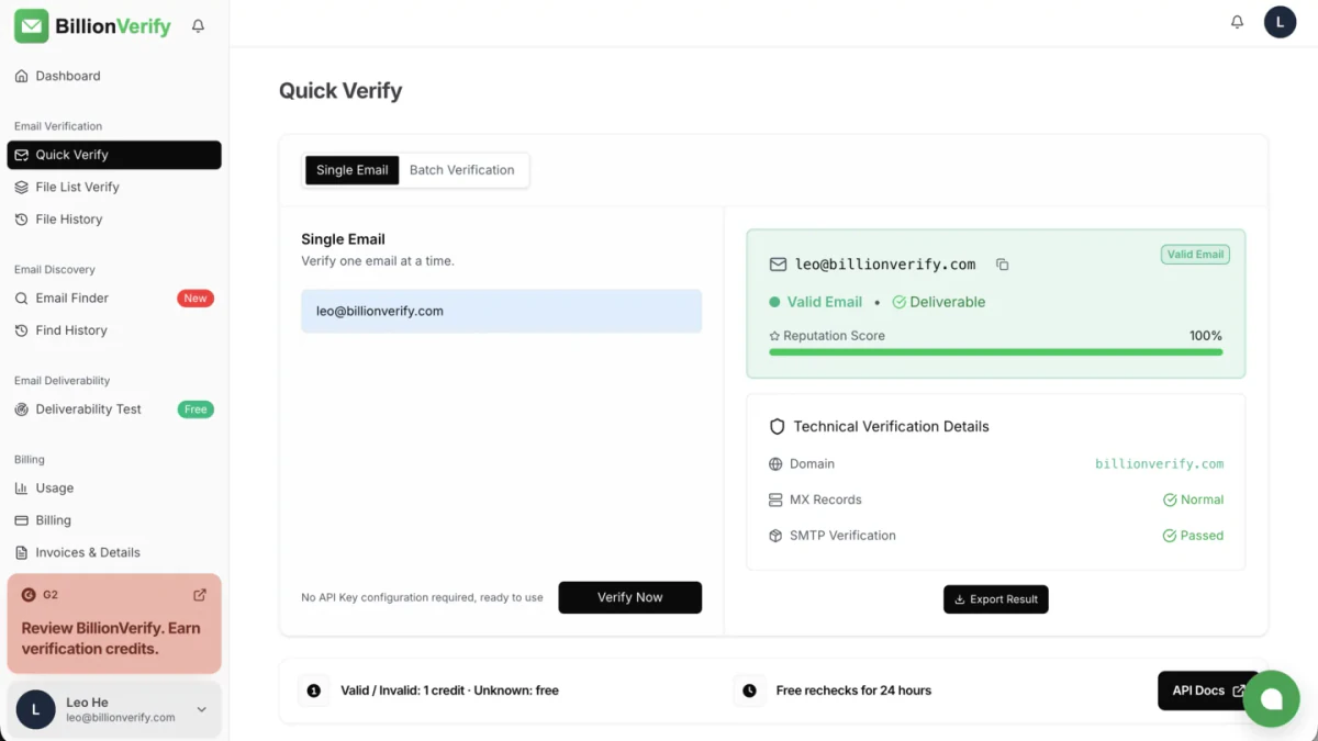 Verify an email before sending with BillionVerify Quick Verify