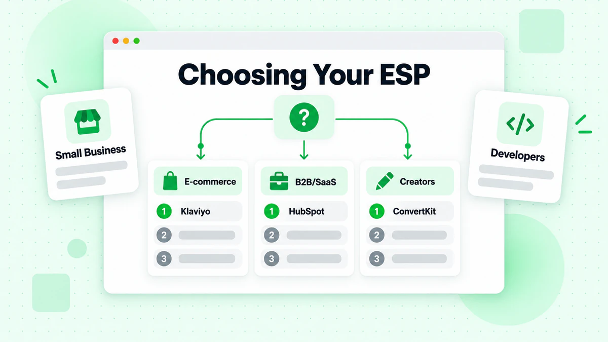 Decision tree matching e-commerce, B2B/SaaS and creators to platforms when choosing your ESP
