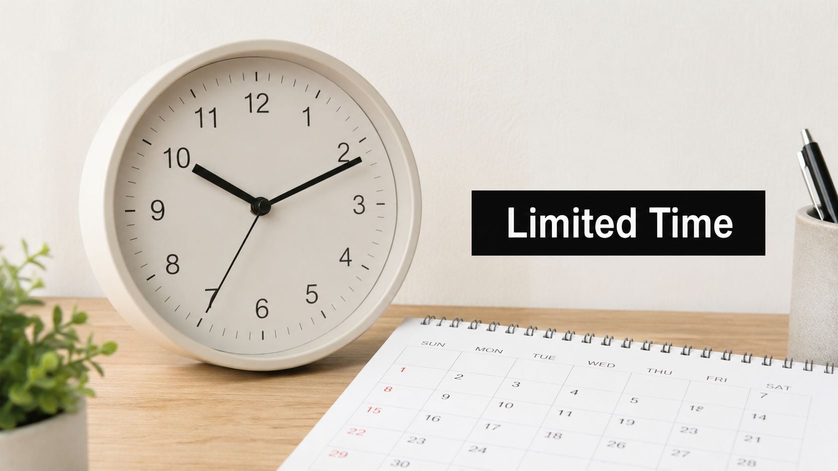 A minimalist workspace featuring a white analog clock, a monthly calendar, and a pen on a desk.