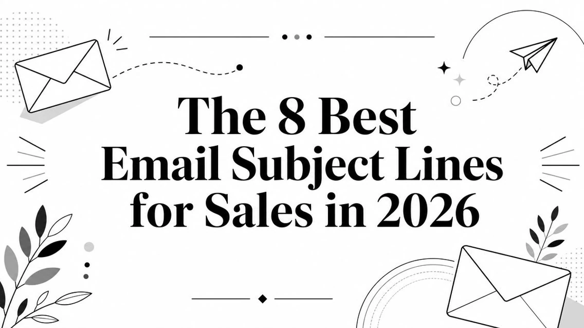 Titelkarte „The 8 Best Email Subject Lines for Sales in 2026“ mit Umschlägen und Papierflieger