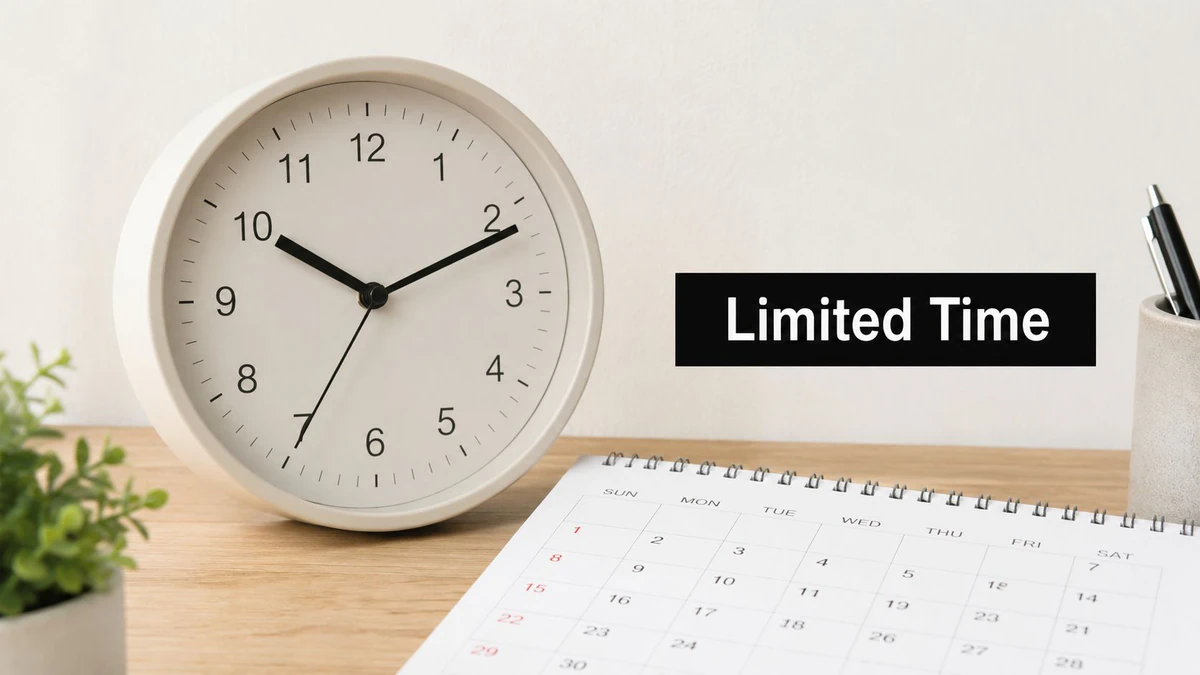 Un espacio de trabajo minimalista con un reloj analógico blanco, un calendario mensual y una pluma en un escritorio.