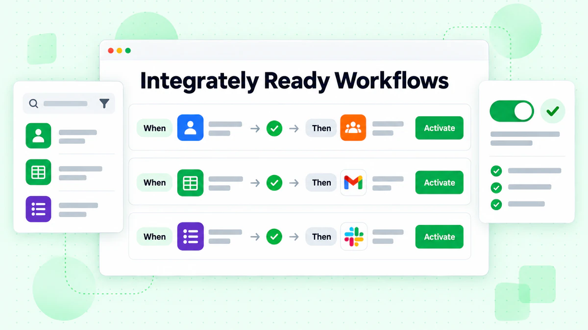 Three template cards with when and then chips and activate buttons, showing Integrately ready workflows
