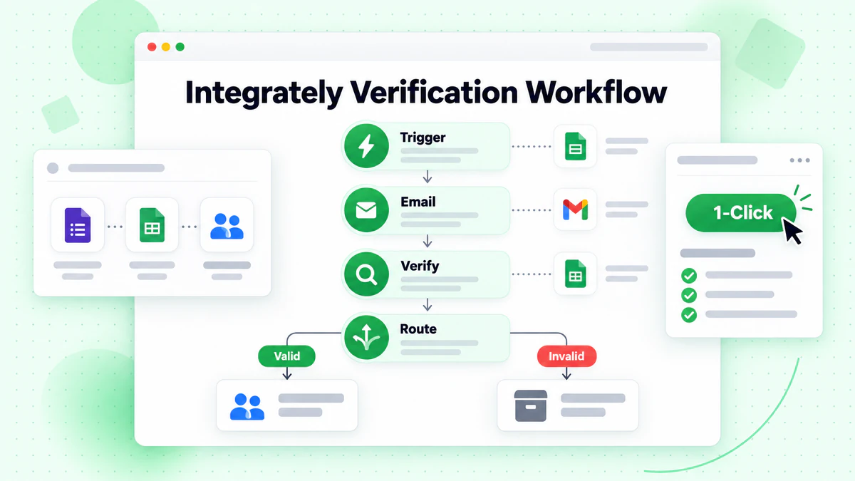 Trigger, email, verify and route blocks branching to valid and invalid in an Integrately verification workflow