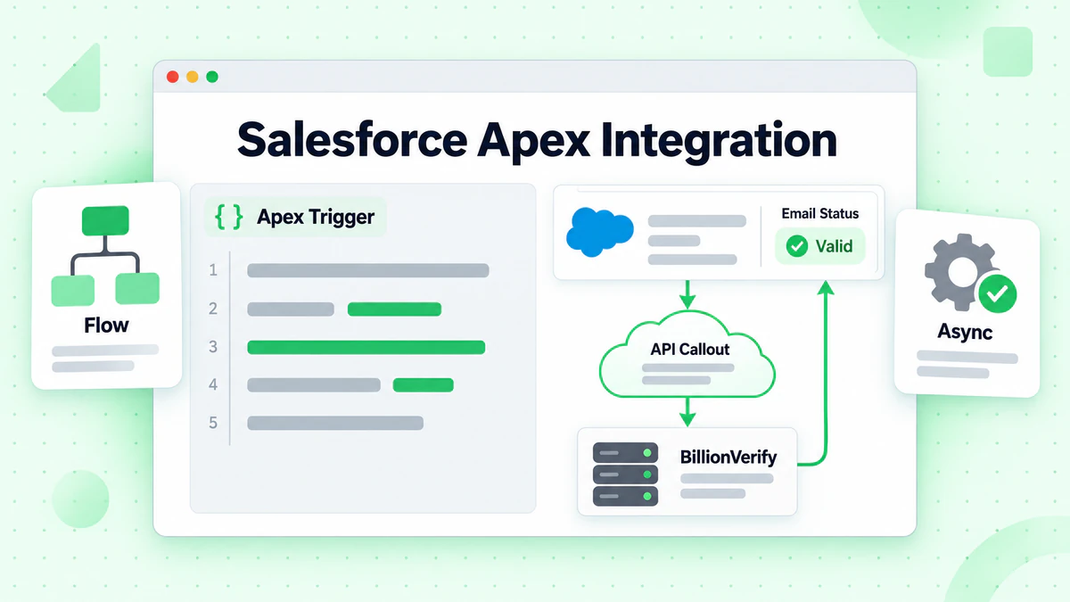 Editor kod dengan pencetus Apex memanggil BillionVerify untuk mengemas kini status e-mel: integrasi Salesforce