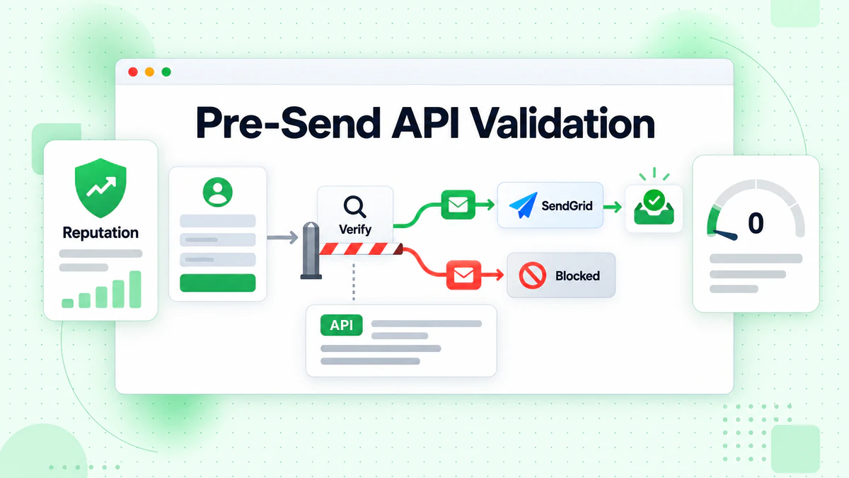Puerta de verificación que envía direcciones válidas a SendGrid y bloquea las malas: validación API previa al envío