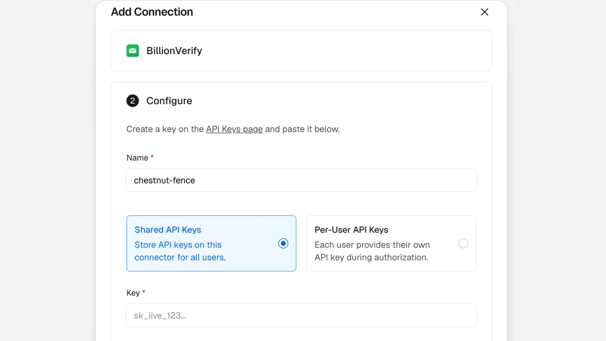 BillionVerify Vercel connector Add Connection dialog with Shared API Keys and Per-User API Keys options and the Key field