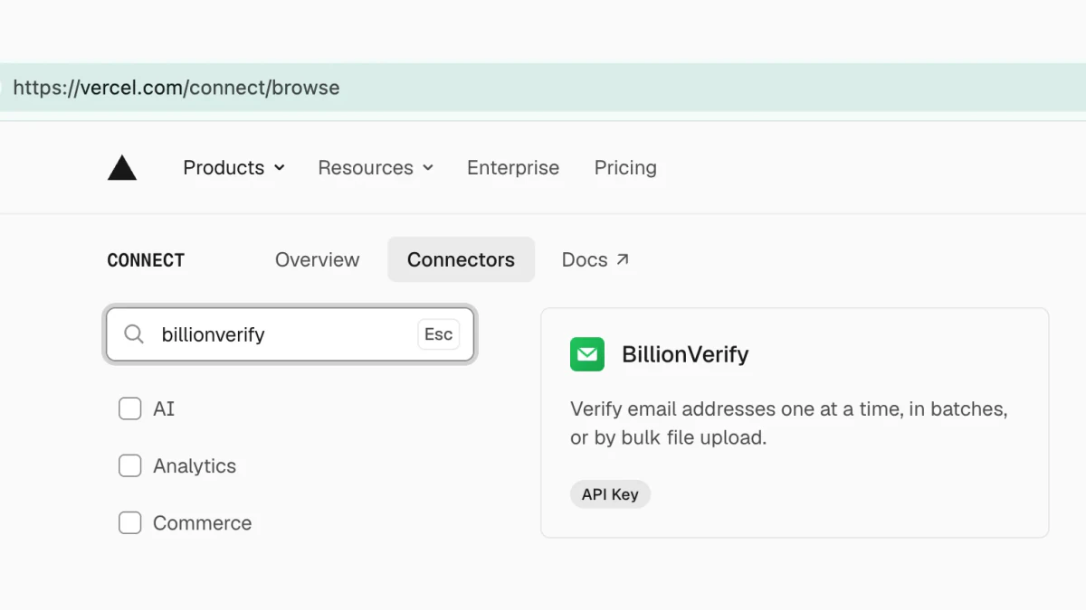 BillionVerify Vercel connector in the Vercel Connect directory, found by searching billionverify on vercel.com/connect/browse