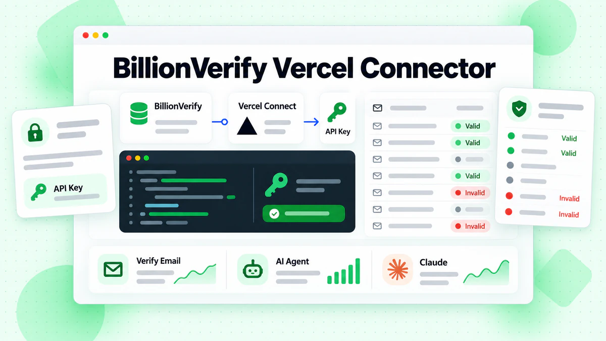 BillionVerify Vercel Connector setup linking an API key to email verification and AI tools