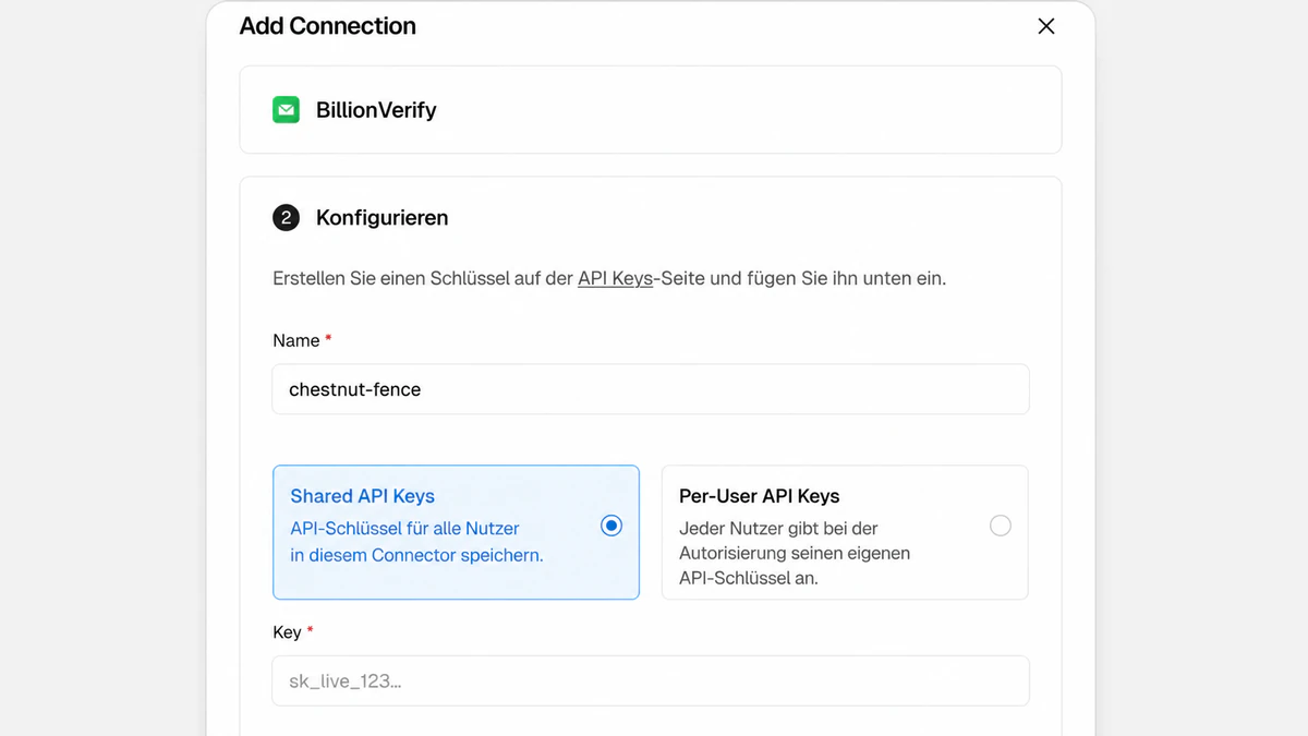 BillionVerify Vercel-Connector-Dialog „Add Connection“ mit den Optionen „Shared API Keys“ und „Per-User API Keys“ sowie dem Feld „Key“