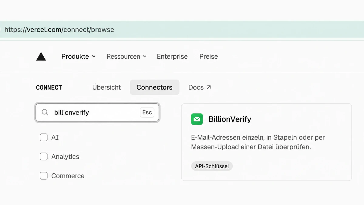 BillionVerify-Vercel-Connector im Vercel-Connect-Verzeichnis, gefunden durch die Suche nach billionverify auf vercel.com/connect/browse