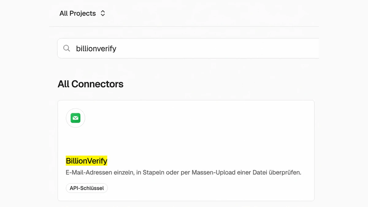 BillionVerify-Vercel-Connector in der Connector-Suche des Vercel-Dashboards unter All Connectors