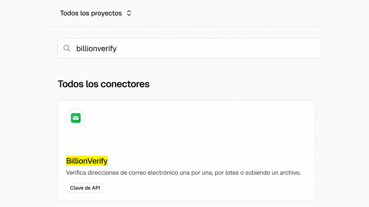 Conector de BillionVerify para Vercel en la búsqueda de conectores del panel de control de Vercel, dentro de Todos los conectores