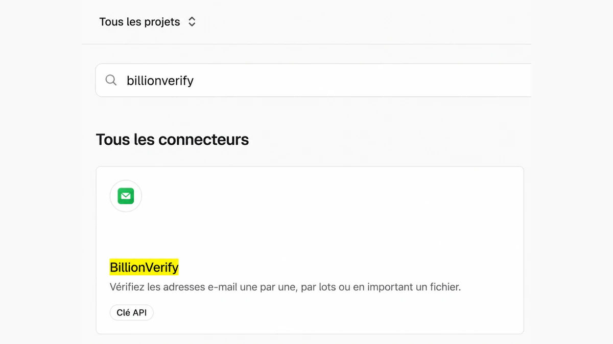 Connecteur Vercel BillionVerify dans la recherche de connecteurs du tableau de bord Vercel, sous Tous les connecteurs