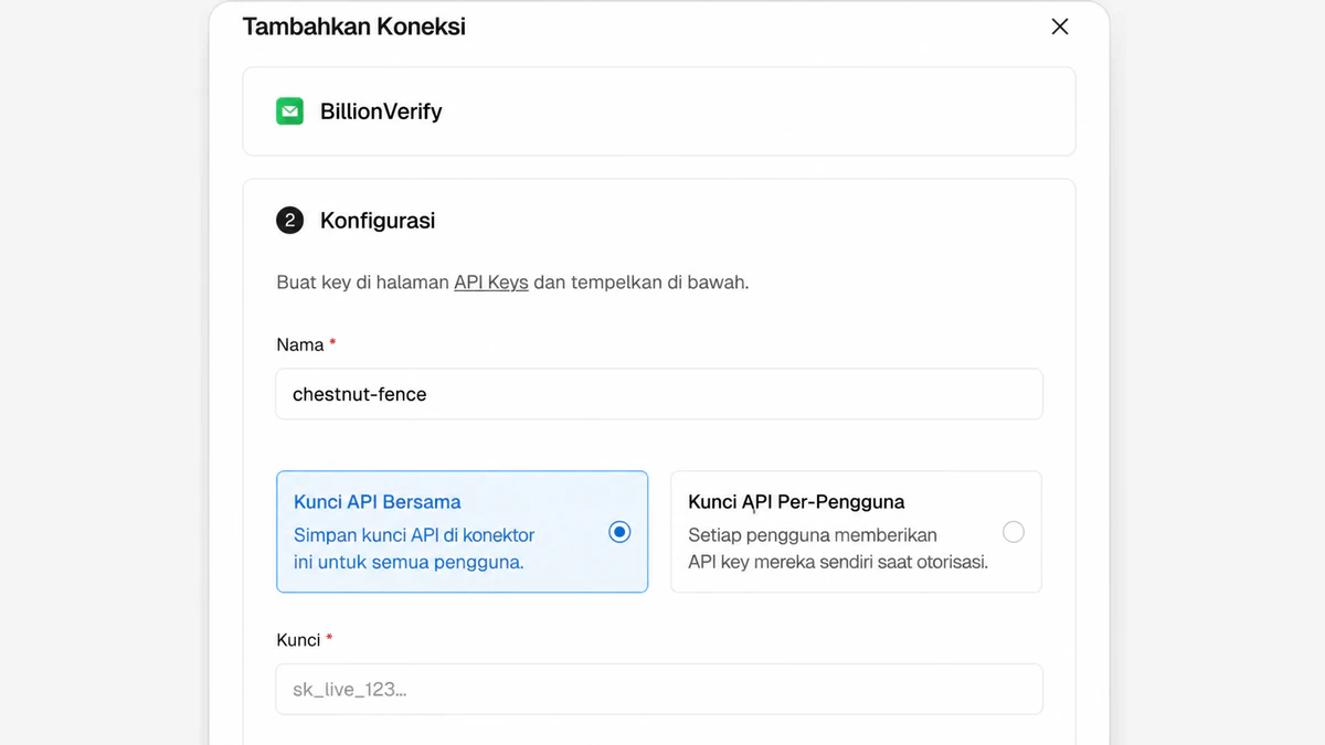 Dialog Tambahkan Koneksi konektor BillionVerify Vercel dengan opsi Kunci API Bersama dan Kunci API Per-Pengguna serta kolom Kunci