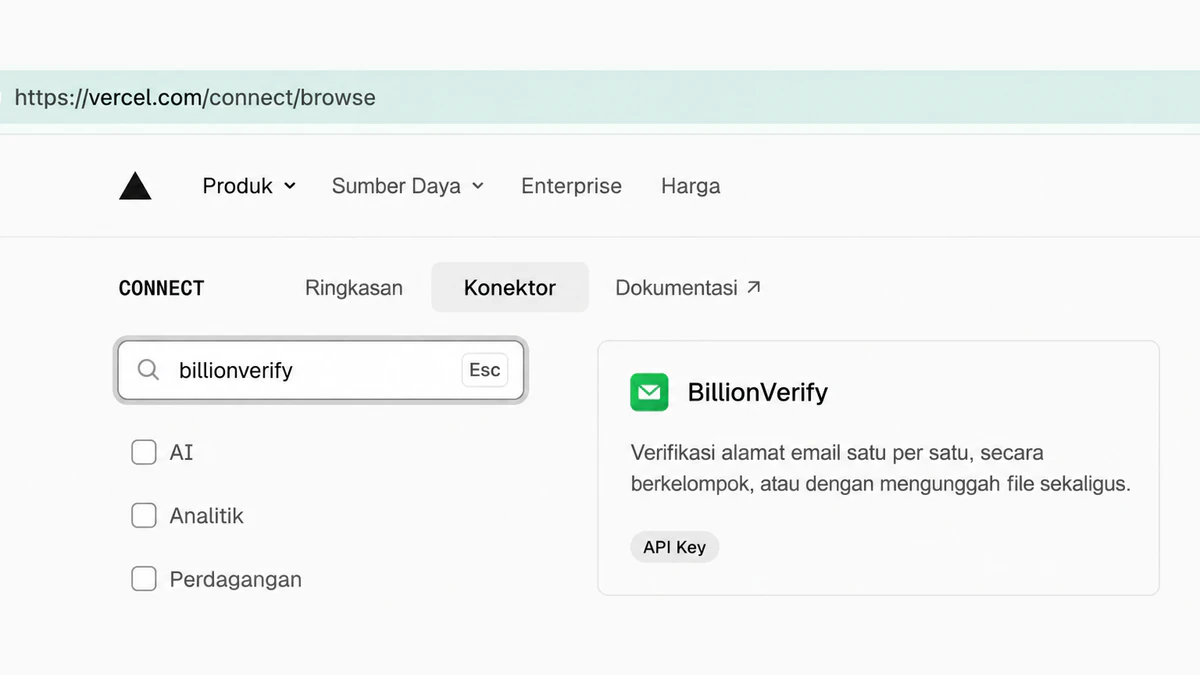 Konektor Vercel BillionVerify di direktori Vercel Connect, ditemukan dengan mencari billionverify di vercel.com/connect/browse