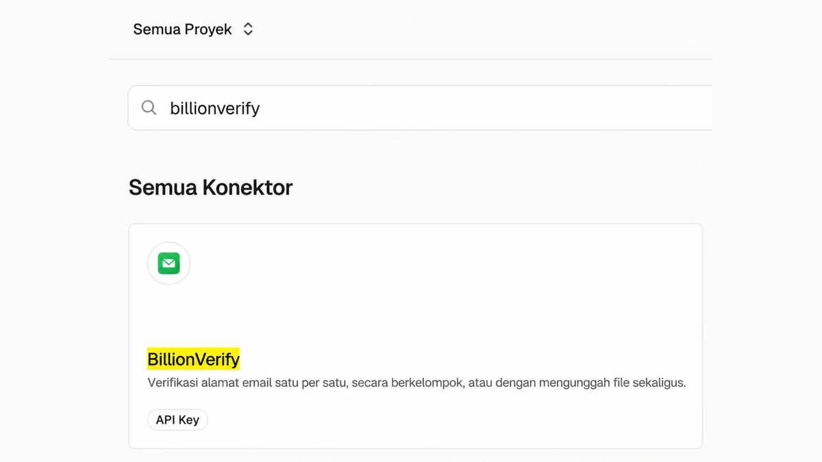 Konektor Vercel BillionVerify dalam pencarian konektor dasbor Vercel di bawah Semua Konektor
