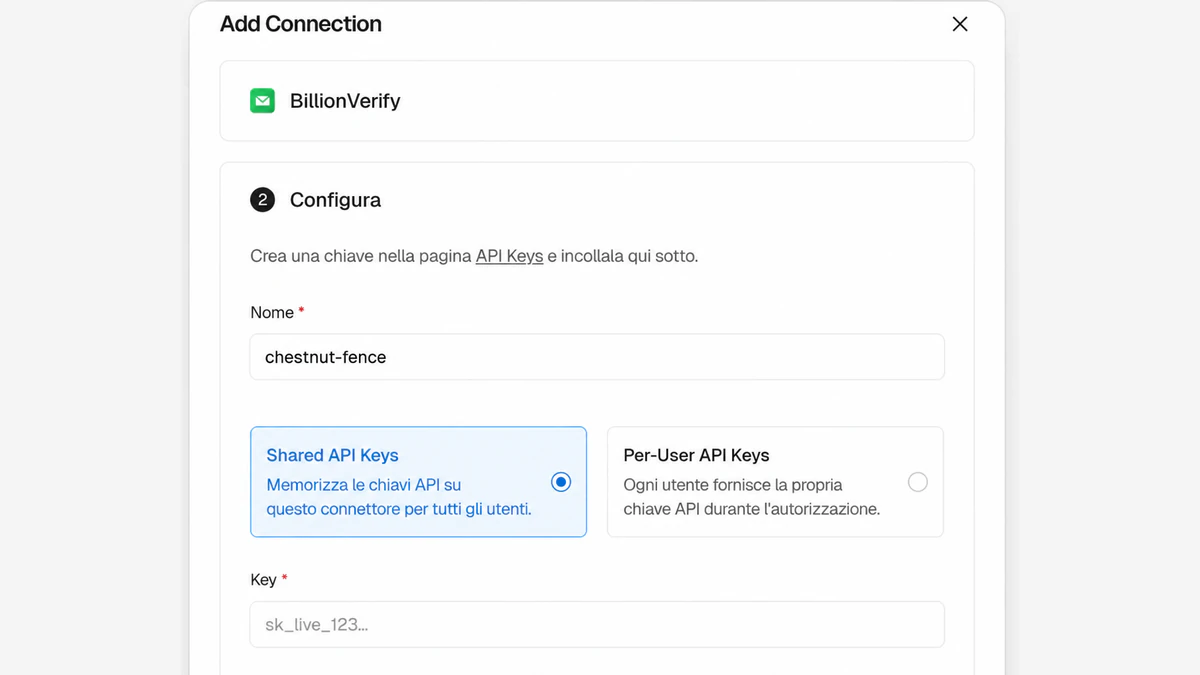 Finestra di dialogo Add Connection del connettore BillionVerify Vercel con le opzioni Shared API Keys e Per-User API Keys e il campo Key
