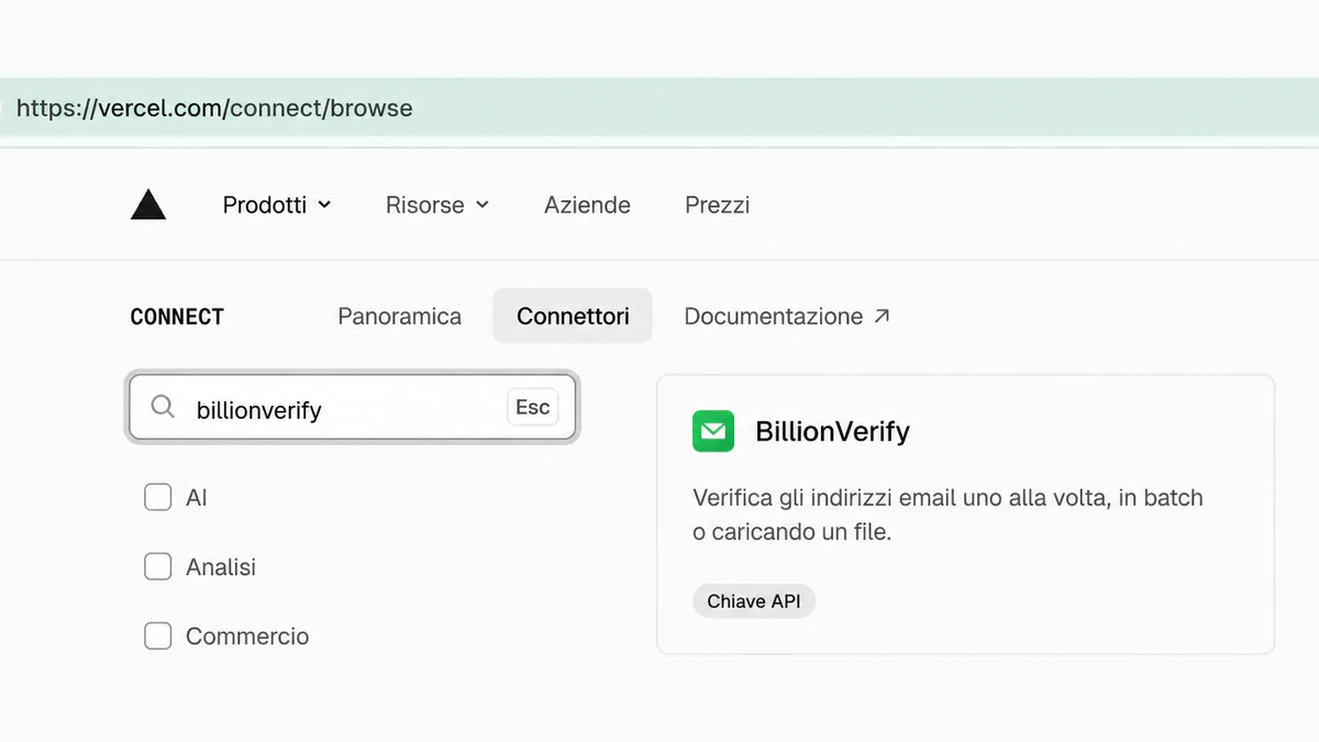 Connettore BillionVerify per Vercel nella directory Vercel Connect, trovato cercando billionverify su vercel.com/connect/browse