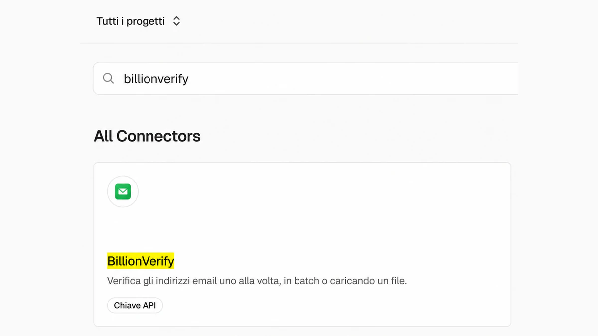 Connettore BillionVerify per Vercel nella ricerca dei connettori della dashboard Vercel, nella sezione All Connectors