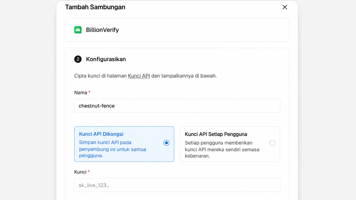 Dialog Tambah Sambungan penyambung BillionVerify Vercel dengan pilihan Kunci API Dikongsi dan Kunci API Setiap Pengguna serta medan Kunci