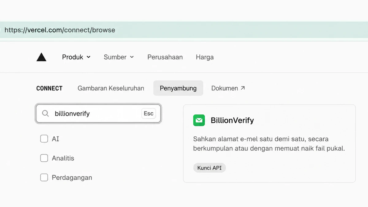 Penyambung Vercel BillionVerify dalam direktori Vercel Connect, ditemui dengan mencari billionverify di vercel.com/connect/browse