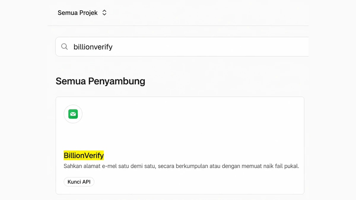 Penyambung Vercel BillionVerify dalam carian penyambung papan pemuka Vercel di bawah Semua Penyambung
