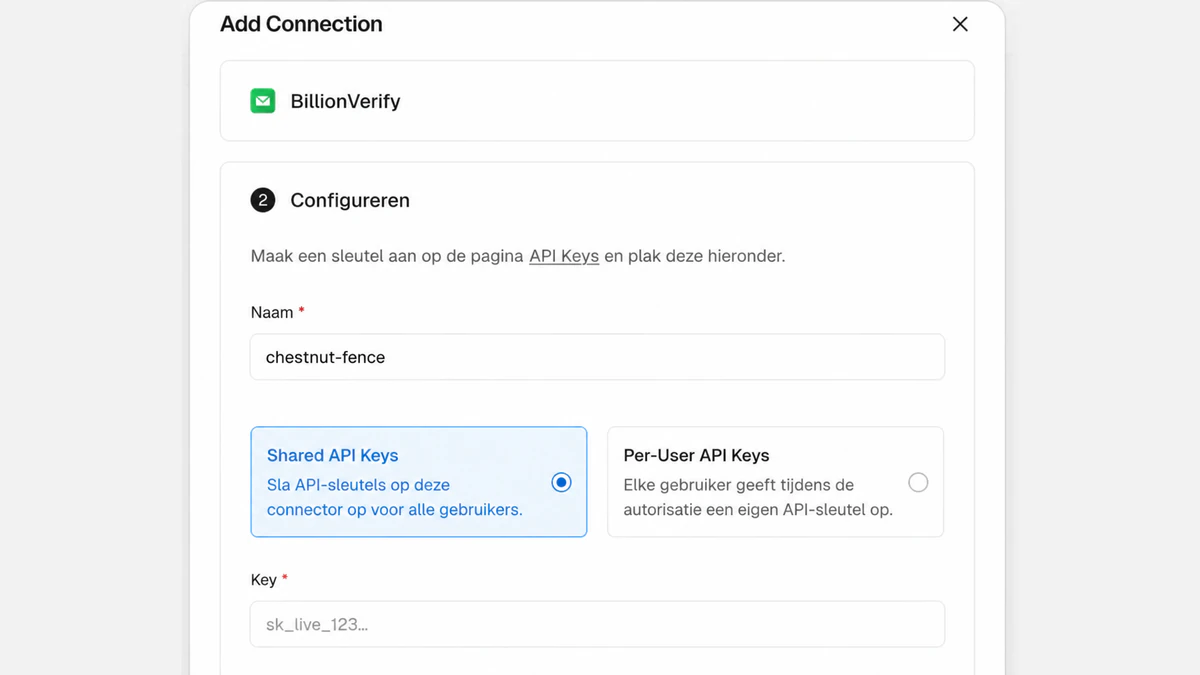 BillionVerify Vercel-connectorvenster Add Connection met de opties Shared API Keys en Per-User API Keys en het veld Key