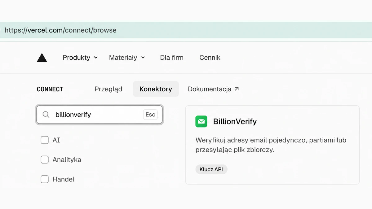 Konektor BillionVerify w Vercel Connect, znaleziony przez wyszukanie billionverify na vercel.com/connect/browse
