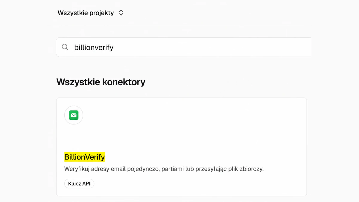Konektor BillionVerify w wyszukiwarce konektorów panelu Vercel, w sekcji Wszystkie konektory
