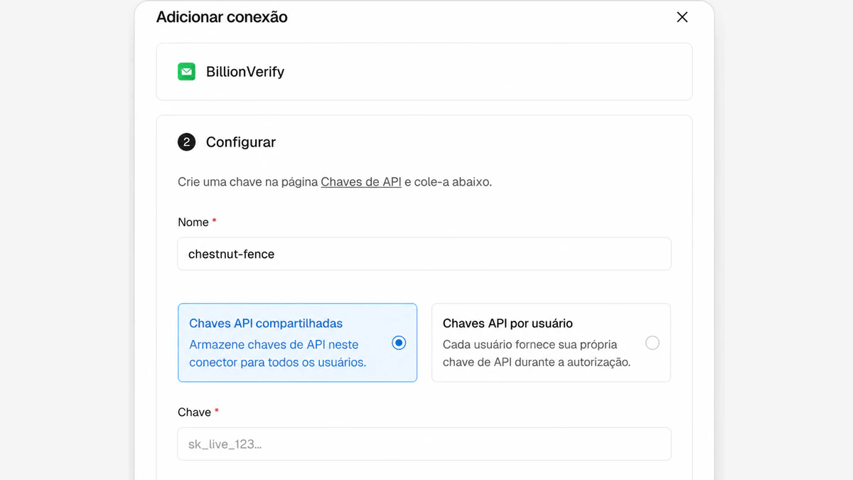 Caixa de diálogo Adicionar conexão do conector BillionVerify no Vercel, com opções de Chaves API compartilhadas e Chaves API por usuário e o campo Chave
