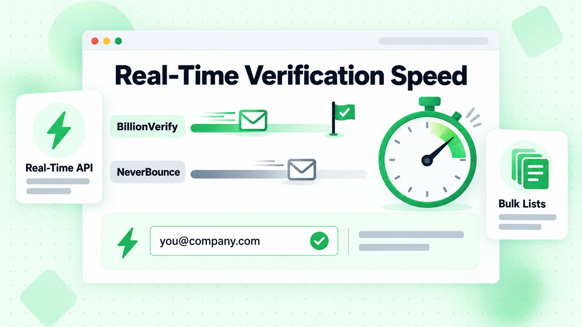 Dos carriles con cronómetro comparan la verificación en tiempo real de BillionVerify y NeverBounce