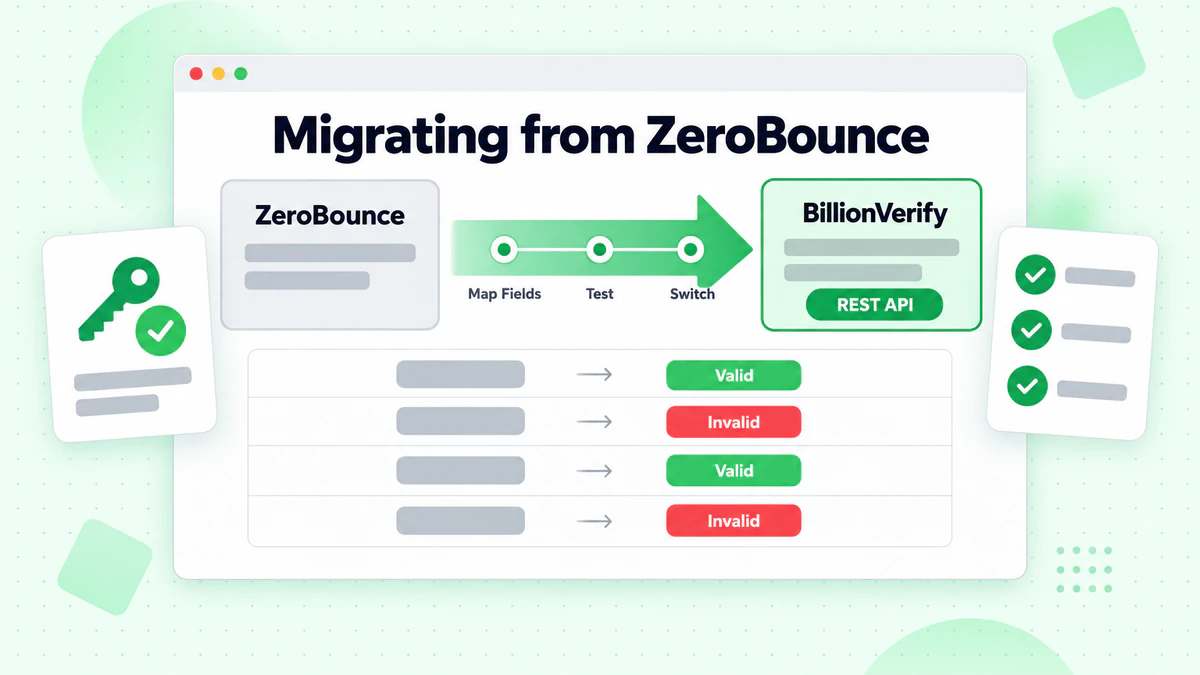 Schede endpoint con passaggi di mappatura campi, test e passaggio per migrare da ZeroBounce a BillionVerify