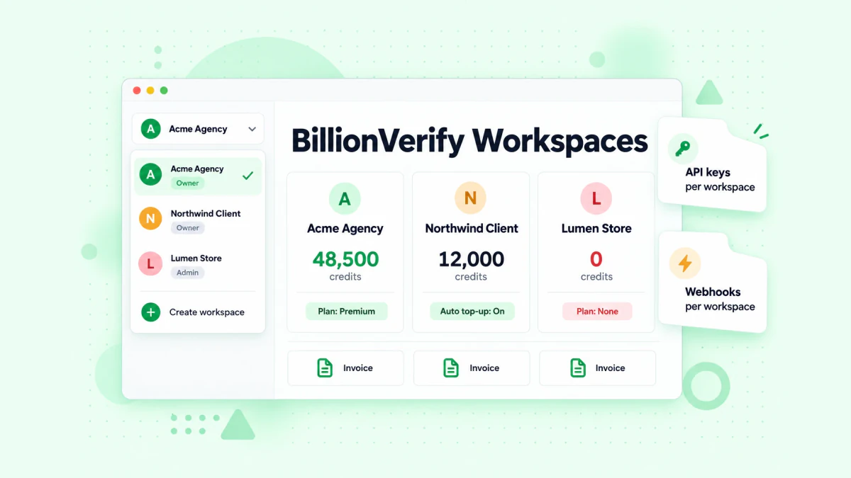 BillionVerify workspaces and teams: the workspace switcher with a separate balance for each client workspace