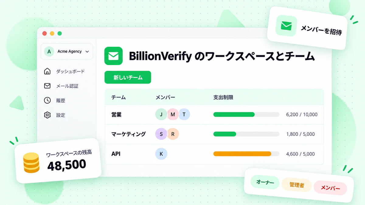 BillionVerify ワークスペースのダッシュボード：チーム、メンバー、利用上限額