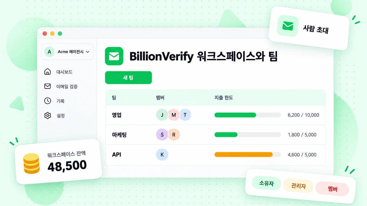 BillionVerify 워크스페이스 대시보드에 팀, 멤버, 지출 한도가 표시됨