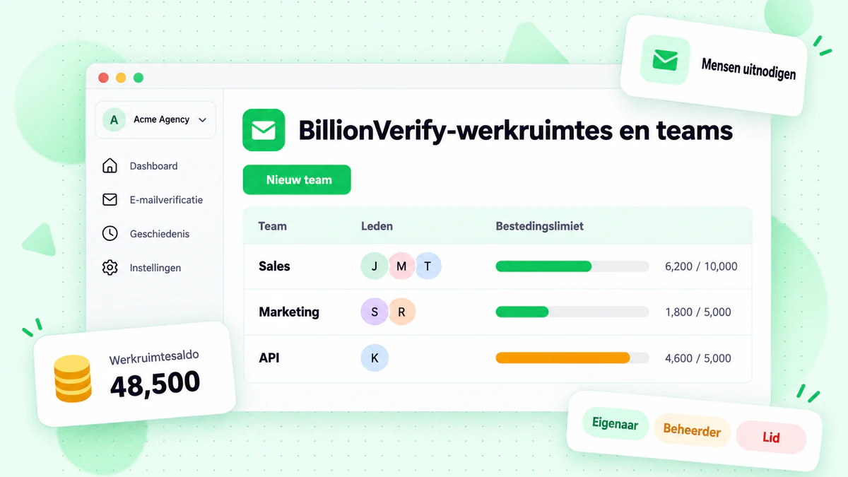 BillionVerify-workspace-dashboard met teams, leden en bestedingslimieten