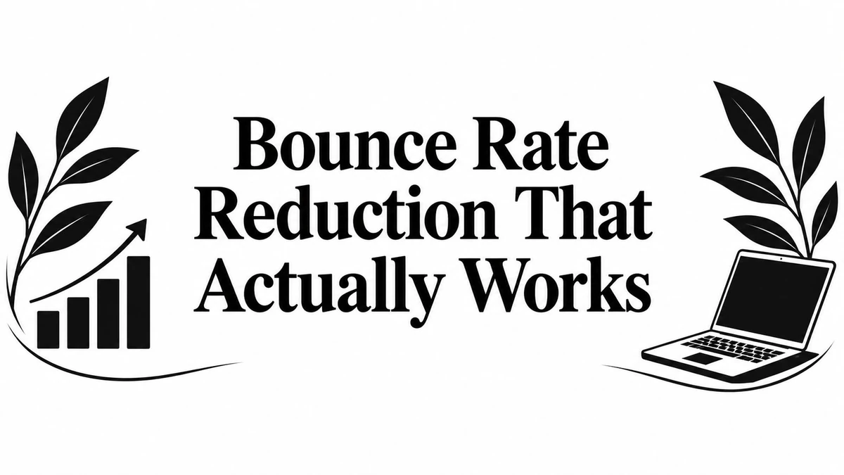 Title card reading Bounce Rate Reduction That Actually Works, with a rising bar chart and a laptop