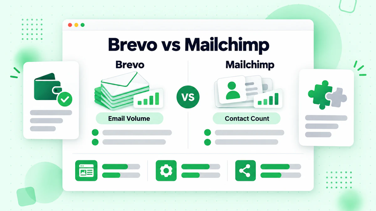 Kolommen die prijzen per e-mailvolume en per aantal contacten vergelijken: Brevo versus Mailchimp