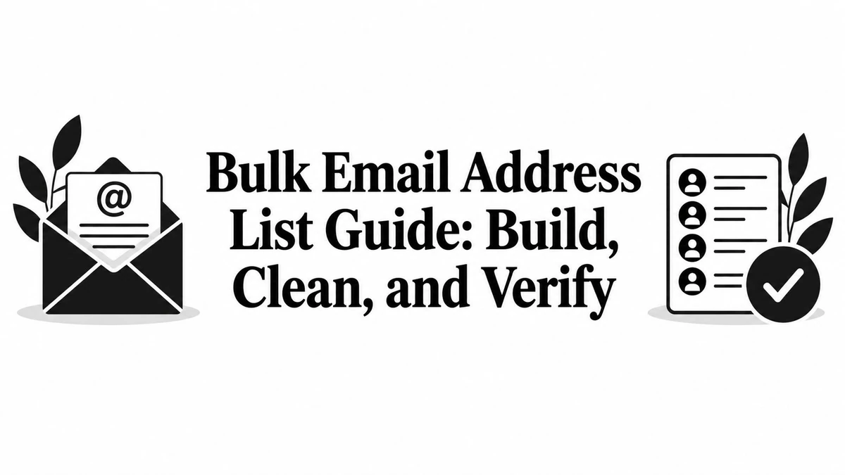 Title card reading Bulk Email Address List Guide: Build, Clean, and Verify, with envelope and list icons