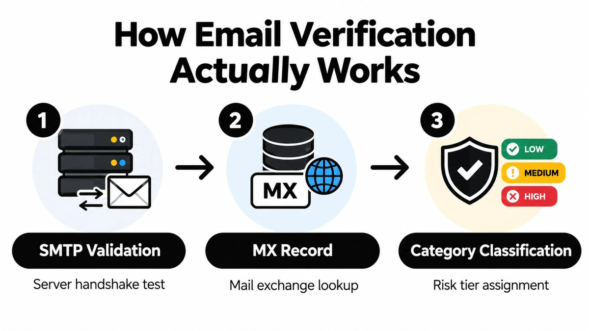 A diagram illustrating the three steps of email verification including SMTP validation, MX record lookup, and risk classification.