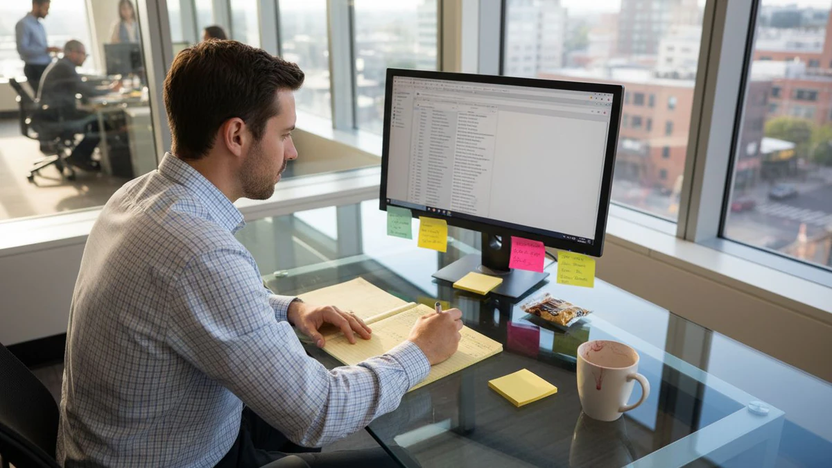 Man at a glass desk reviewing an email list on his monitor for a guide to what is bulk email cleaning