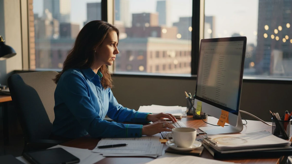 Woman typing at a desk by a city window, reviewing a report for a guide on what is email verification