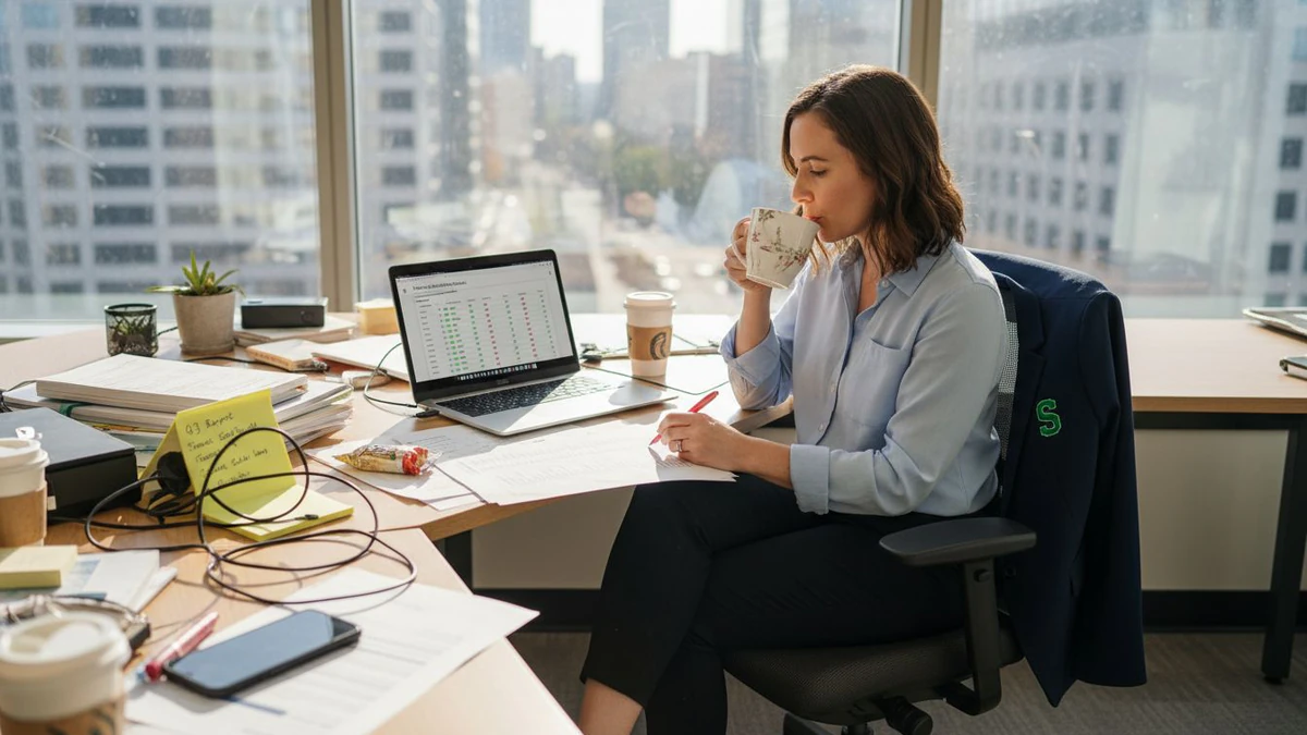 Woman drinking coffee at a paper-strewn desk while reviewing a bulk email verification checklist on a laptop