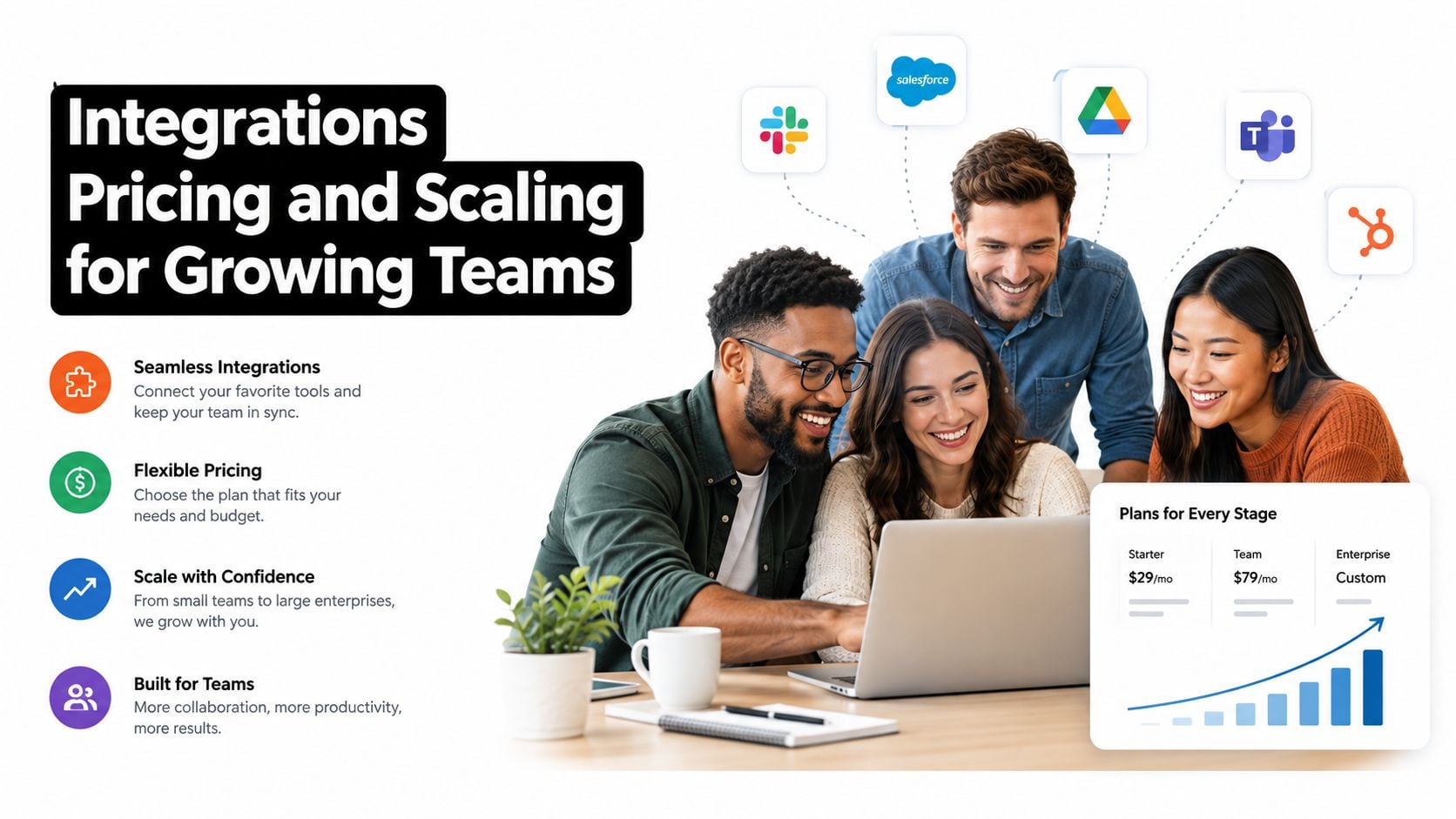 A diverse group of professionals collaborating on a laptop with digital integration icons floating above them.