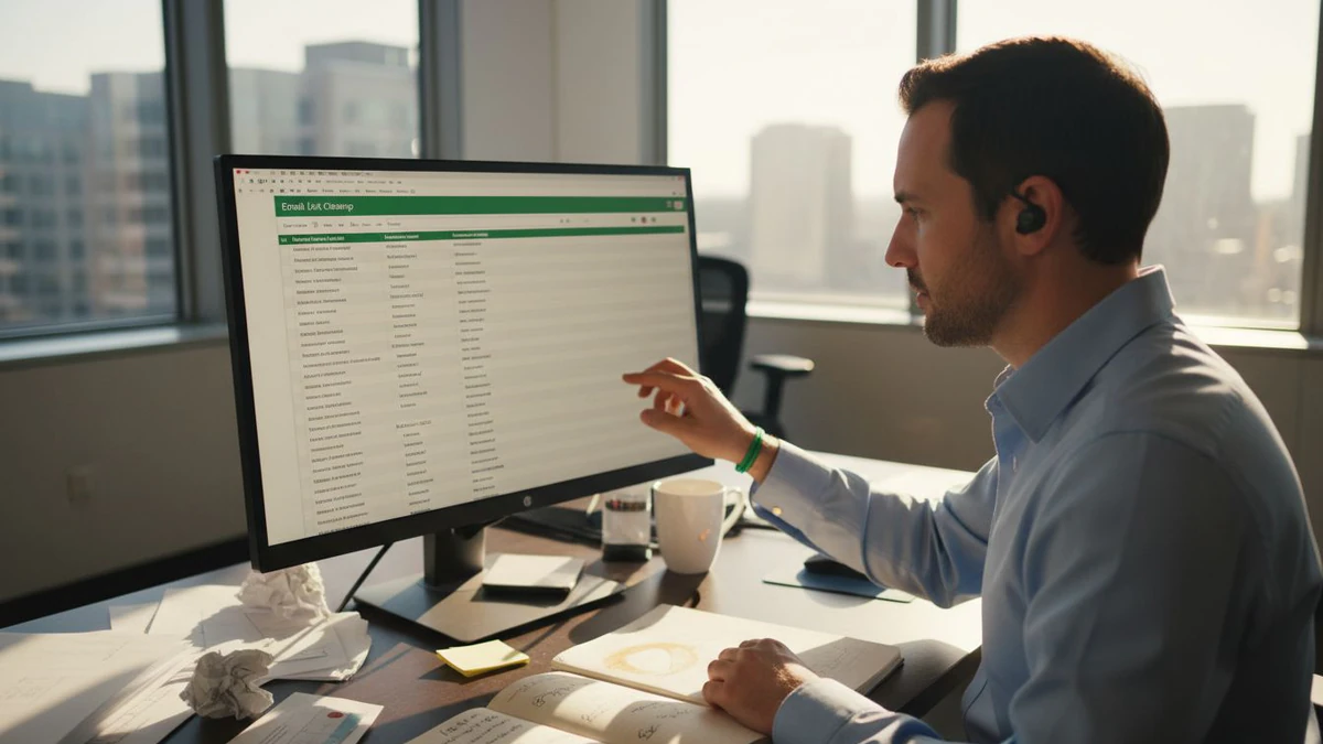 Man pointing at an email list cleanup table on his monitor while reviewing a bulk email verification workflow