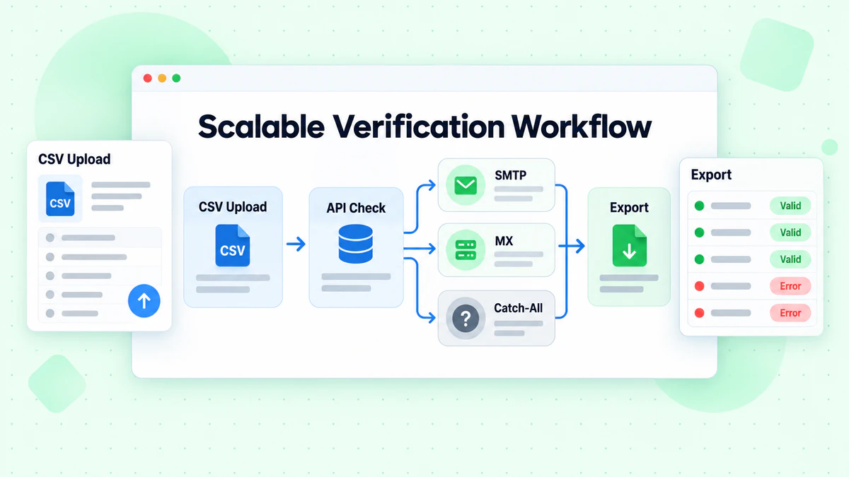 Schaalbare verificatieworkflow met CSV-upload, API-controles, validatiestappen en gefilterde exportresultaten
