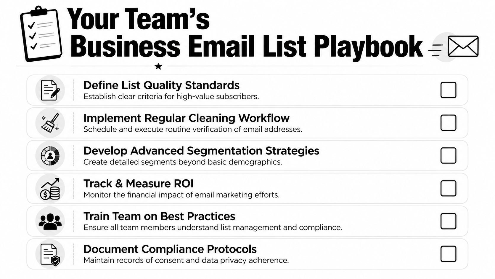 Eine Checklisten-Infografik mit dem Titel Das Playbook für Business-E-Mail-Listen Ihres Teams, das sechs Schlüsselstrategien für effektive Verwaltung darstellt.