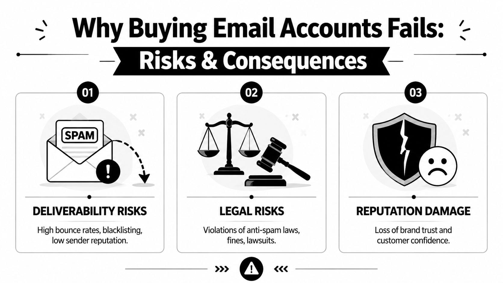 Infografis berjudul Mengapa Membeli Akun Email Gagal, menampilkan risiko pengiriman, masalah hukum, dan kerusakan reputasi.