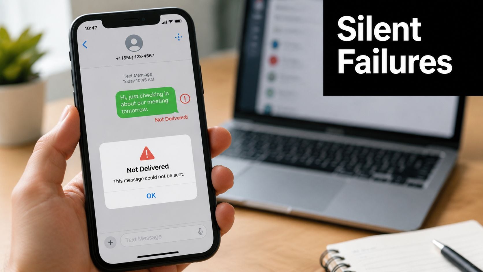 Zbliżenie dłoni trzymającej smartfon wyświetlający powiadomienie o nieudanej próbie wysłania wiadomości.